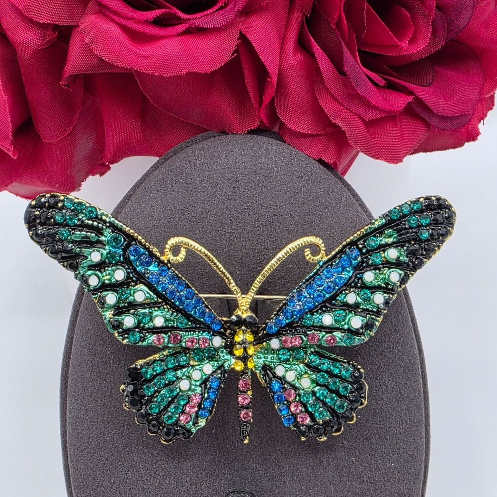 Sparkling‎ Butterfly Brooch Rhinestone Enamel Gold Tone Green Blue Pink Artisan